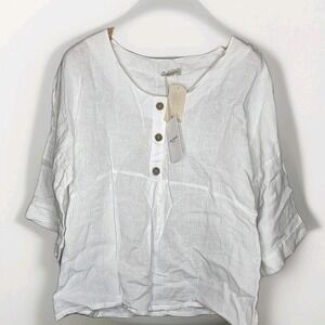 Laura Bianchi Italy White Linen Tunic Wmns Large 3/4 Sleeve Scoop Neck Pullover